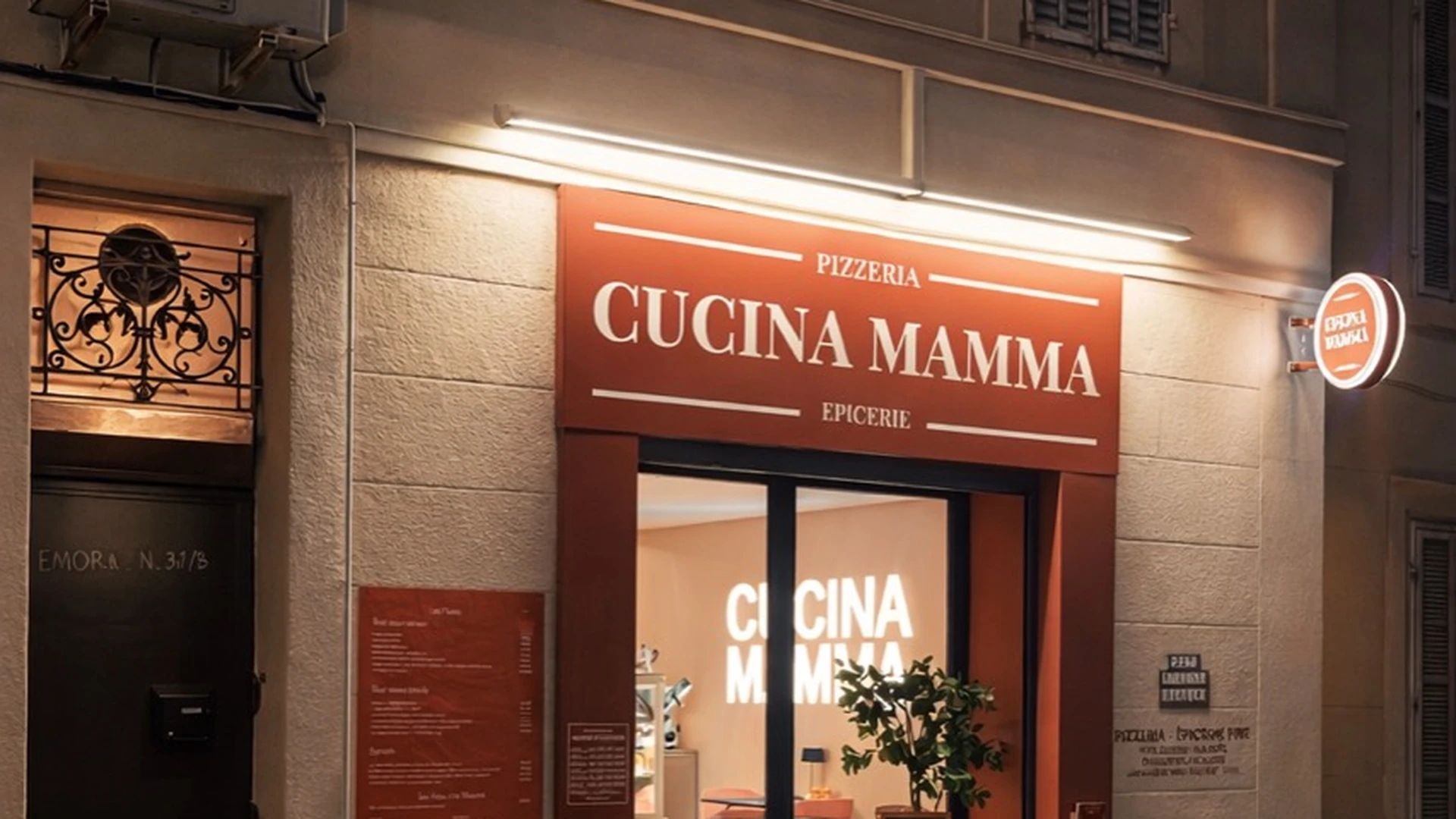 La façade de Cucina Mamma et sa salle avec les tables visibles depuis la rue
