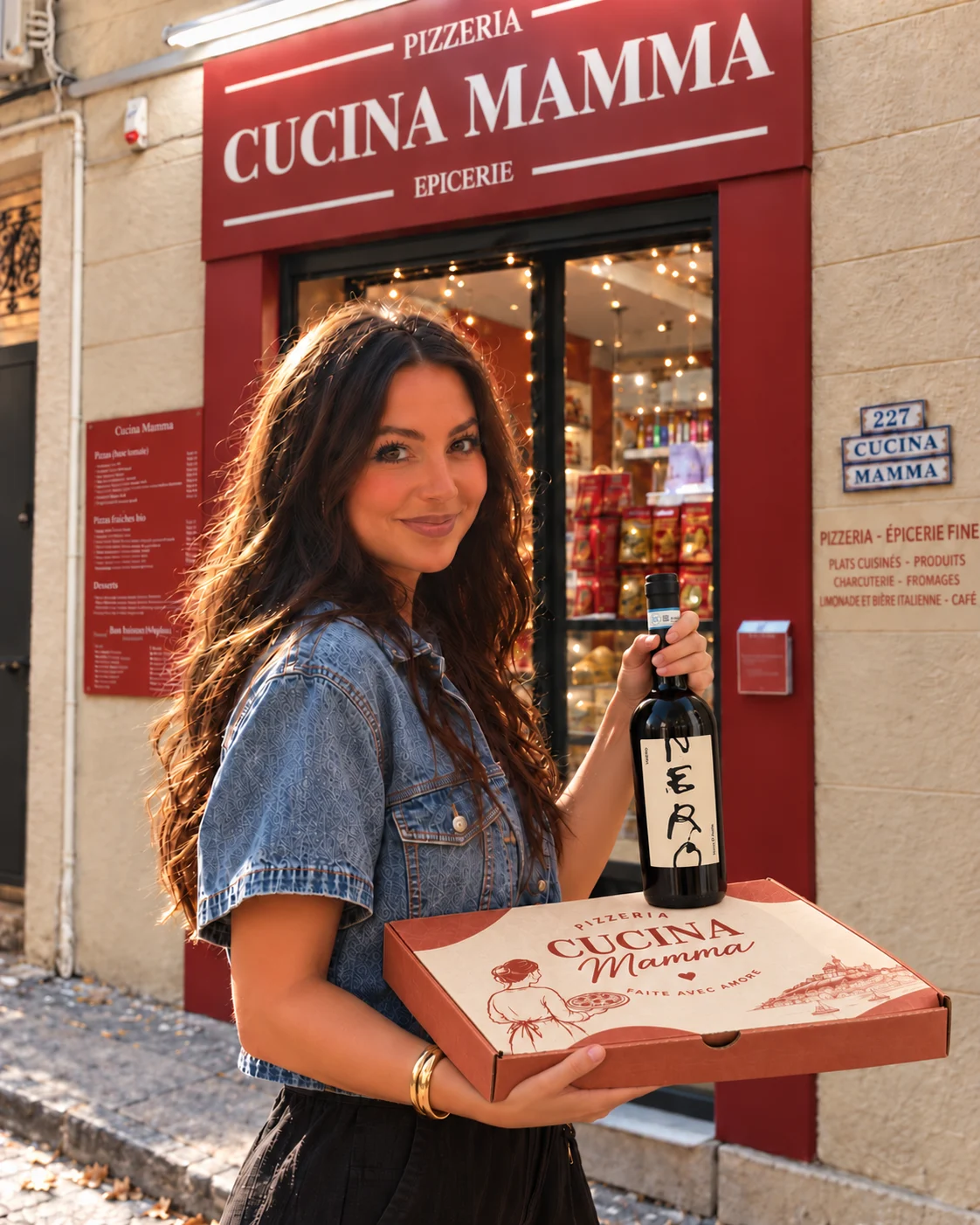 Une cliente devant la façade Cucina Mamma avec une pizza emballée et une bouteille de vin